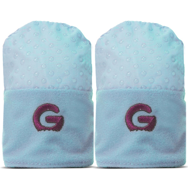 Gummee Glove Blue front view shows anti-scratch teething mittens for newborns