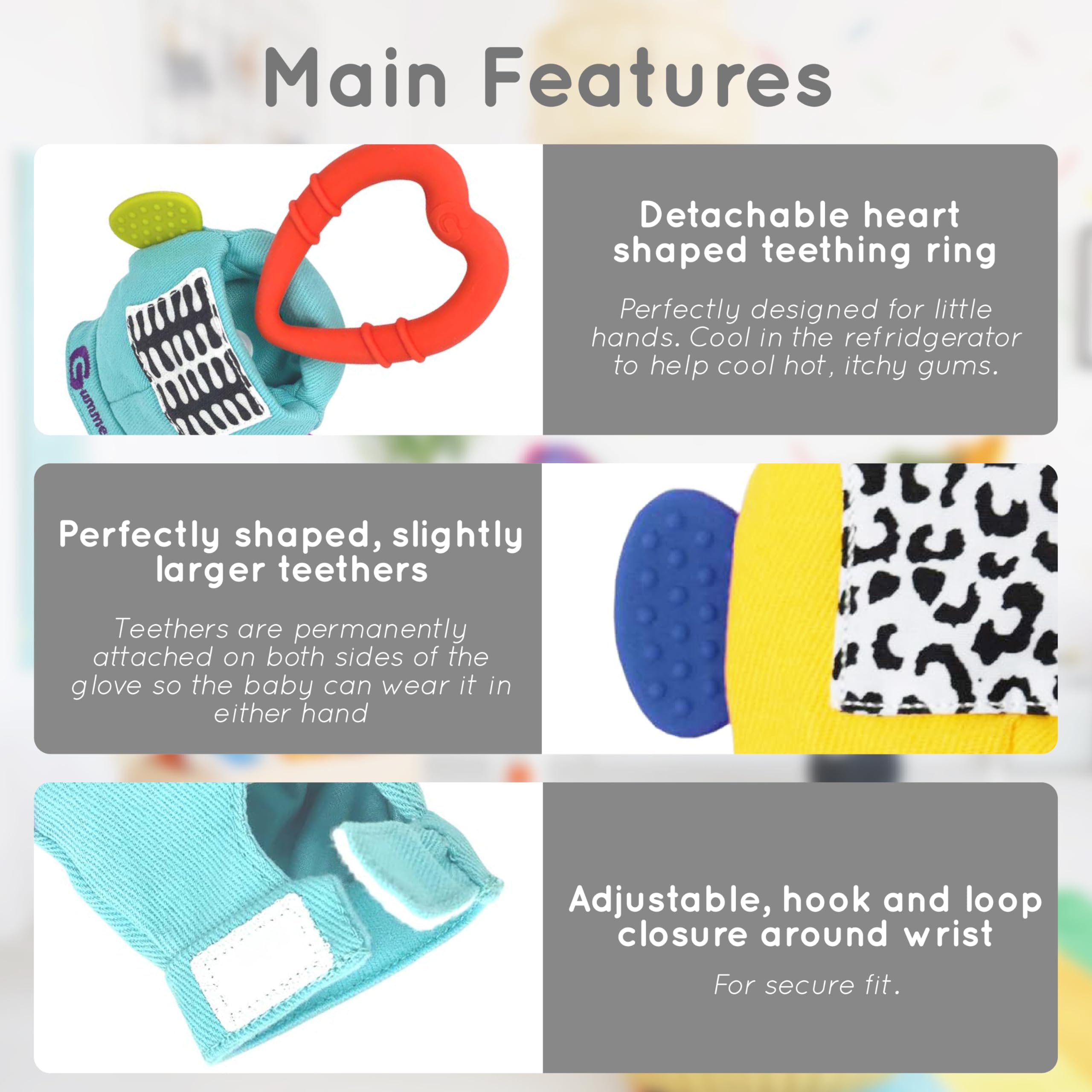 Gummee Glove detachable teething glove aids hygiene and prevents soggy sleeves.