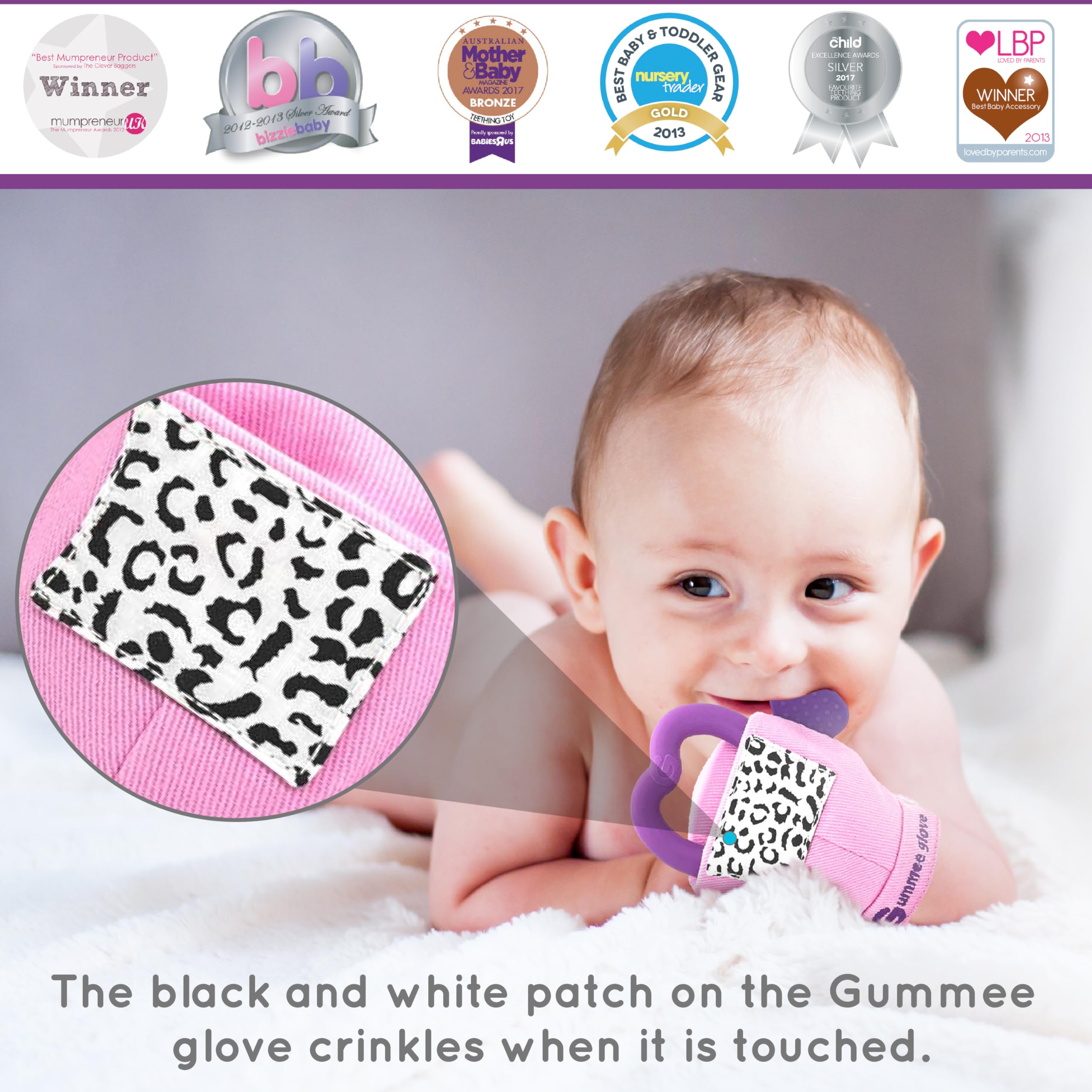 Gummee Glove encourages dexterity through grasping and sensory play.