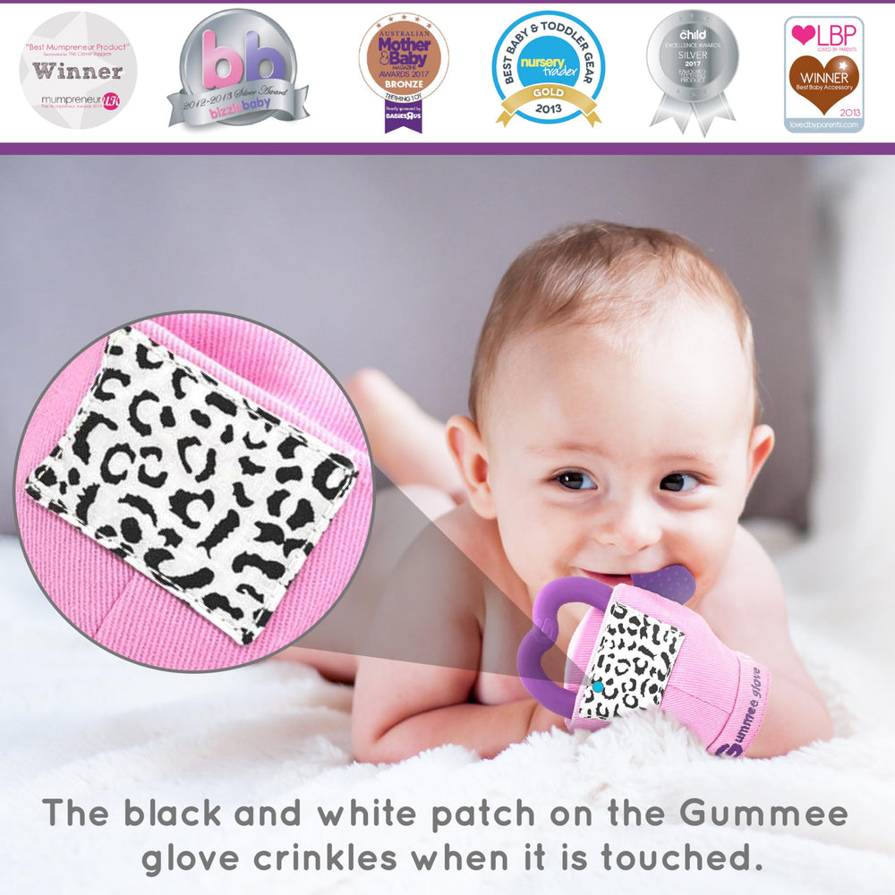 Gummee Glove encourages dexterity through grasping and sensory play.