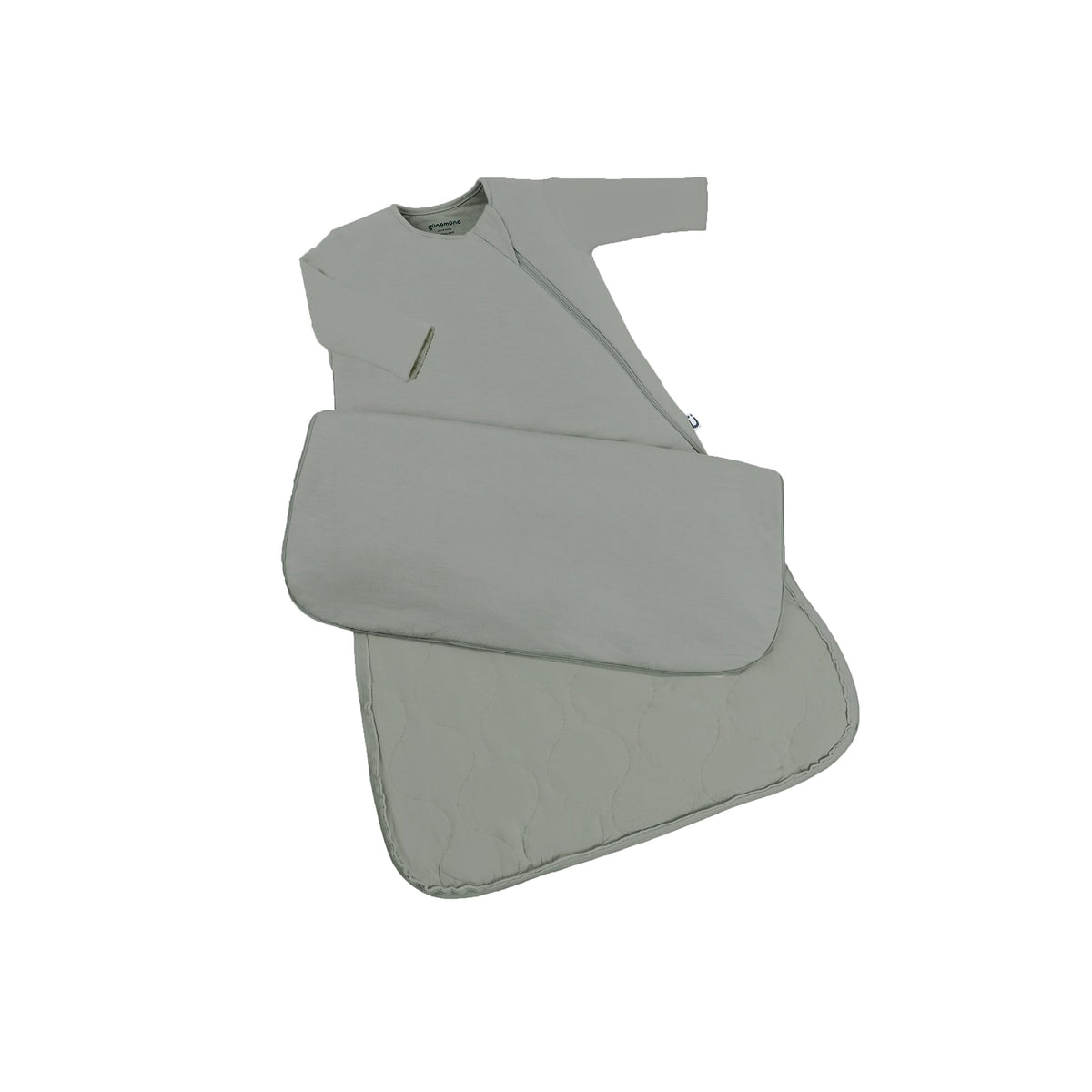 Gunamuna sleep sack sage front view, showcasing snug fit and easy diaper changes.