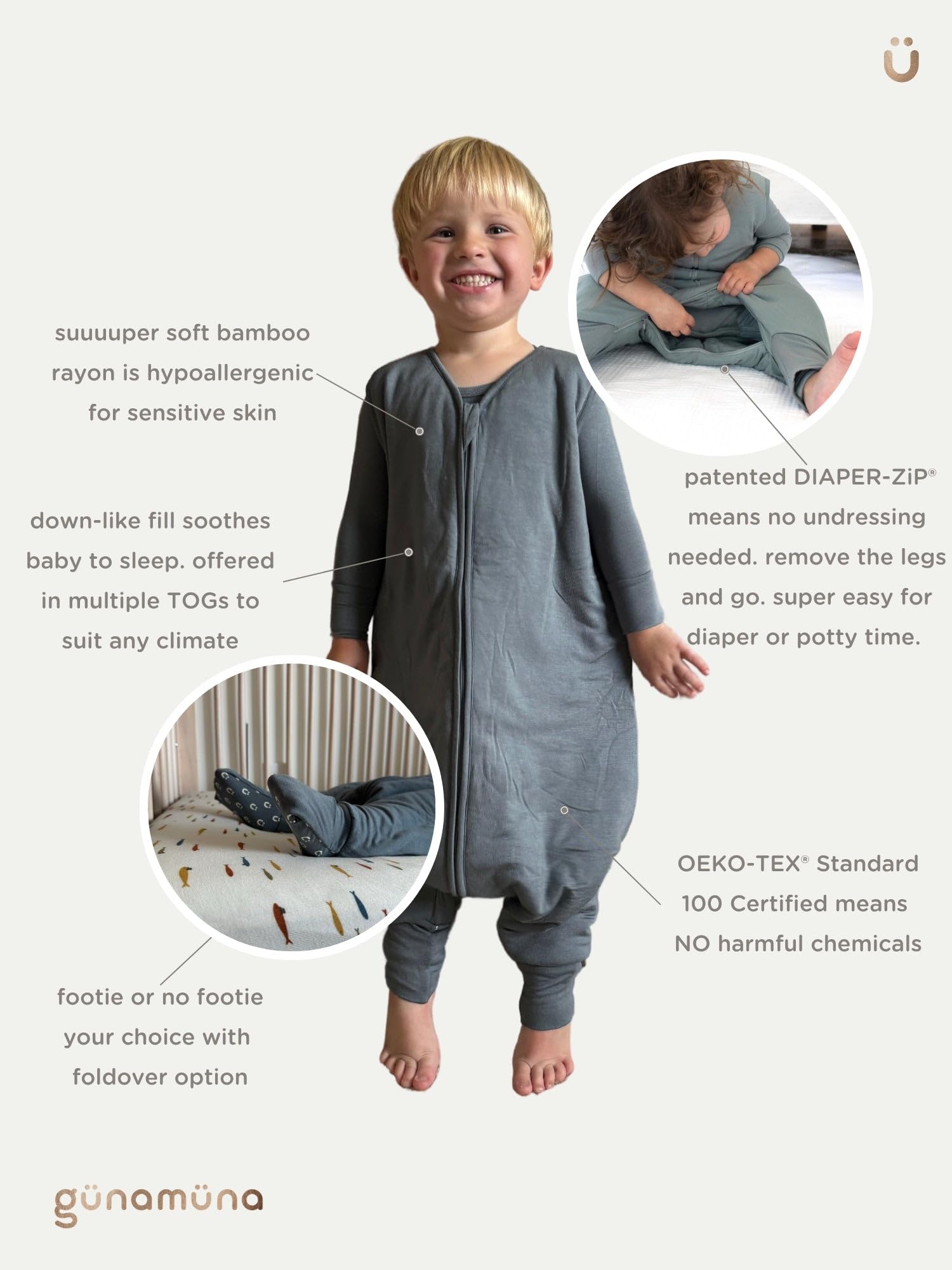 GUNAMUNA rounded zipper pull enhances safety during use
