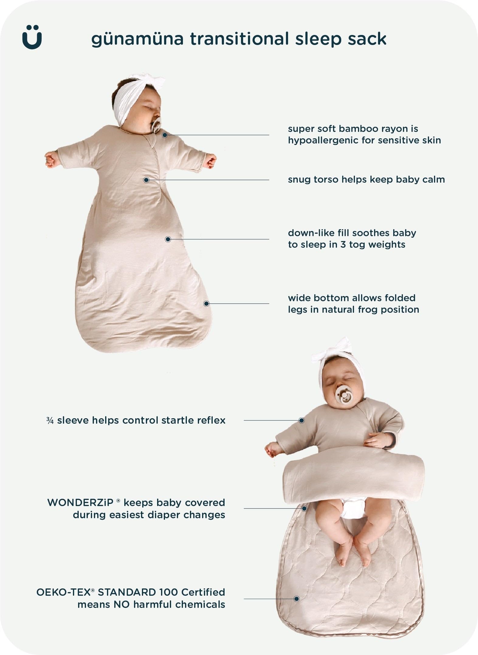 GUNAMUNA sage color swaddle suits any nursery