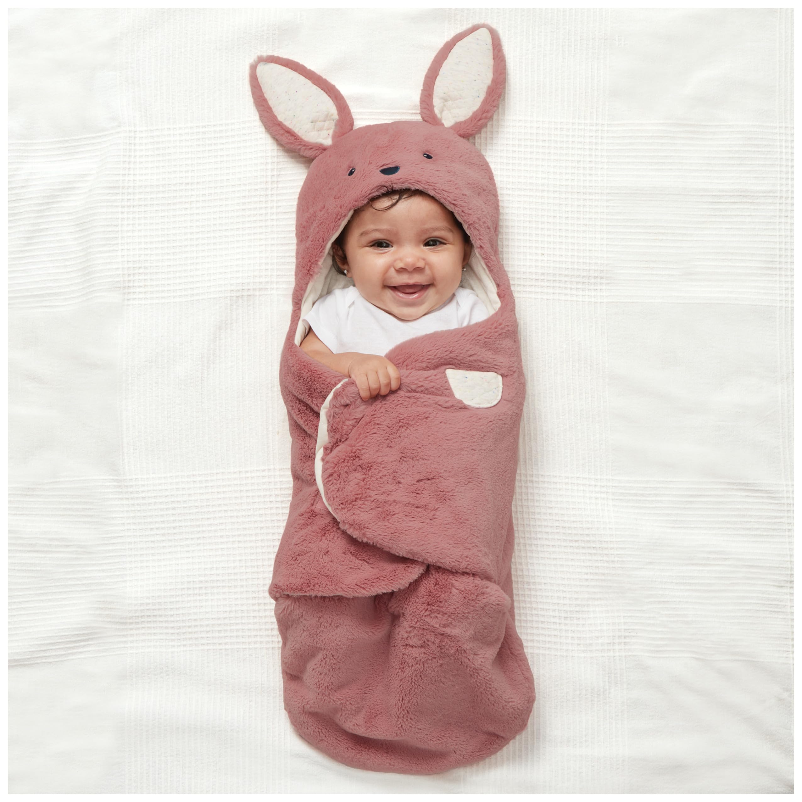 GUND Oh So Snuggly Bunny Blanket Wrap hooded view highlights secure head coverage for newborns.