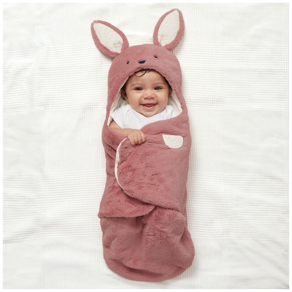 GUND Oh So Snuggly Bunny Blanket Wrap hooded view highlights secure head coverage for newborns.