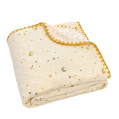 Gunnaicat baby neutral muslin blanket with stars design in a flat lay for nursery decor and comfort.