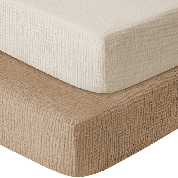 GUNTAIL muslin crib sheet beige close-up showing breathable cotton texture for baby comfort