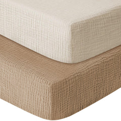 GUNTAIL muslin crib sheet beige close-up showing breathable cotton texture for baby comfort