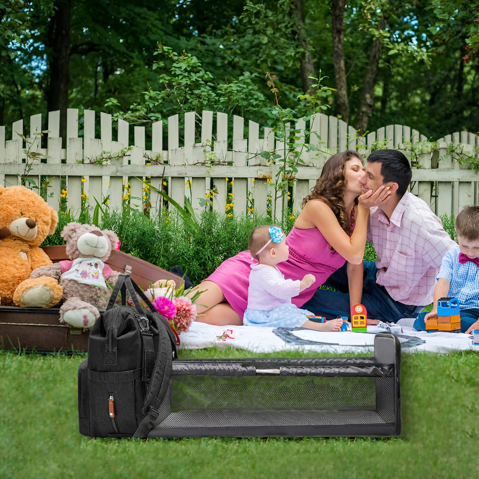 GurZinn diaper bag backpack foldable-crib in action provides resting area