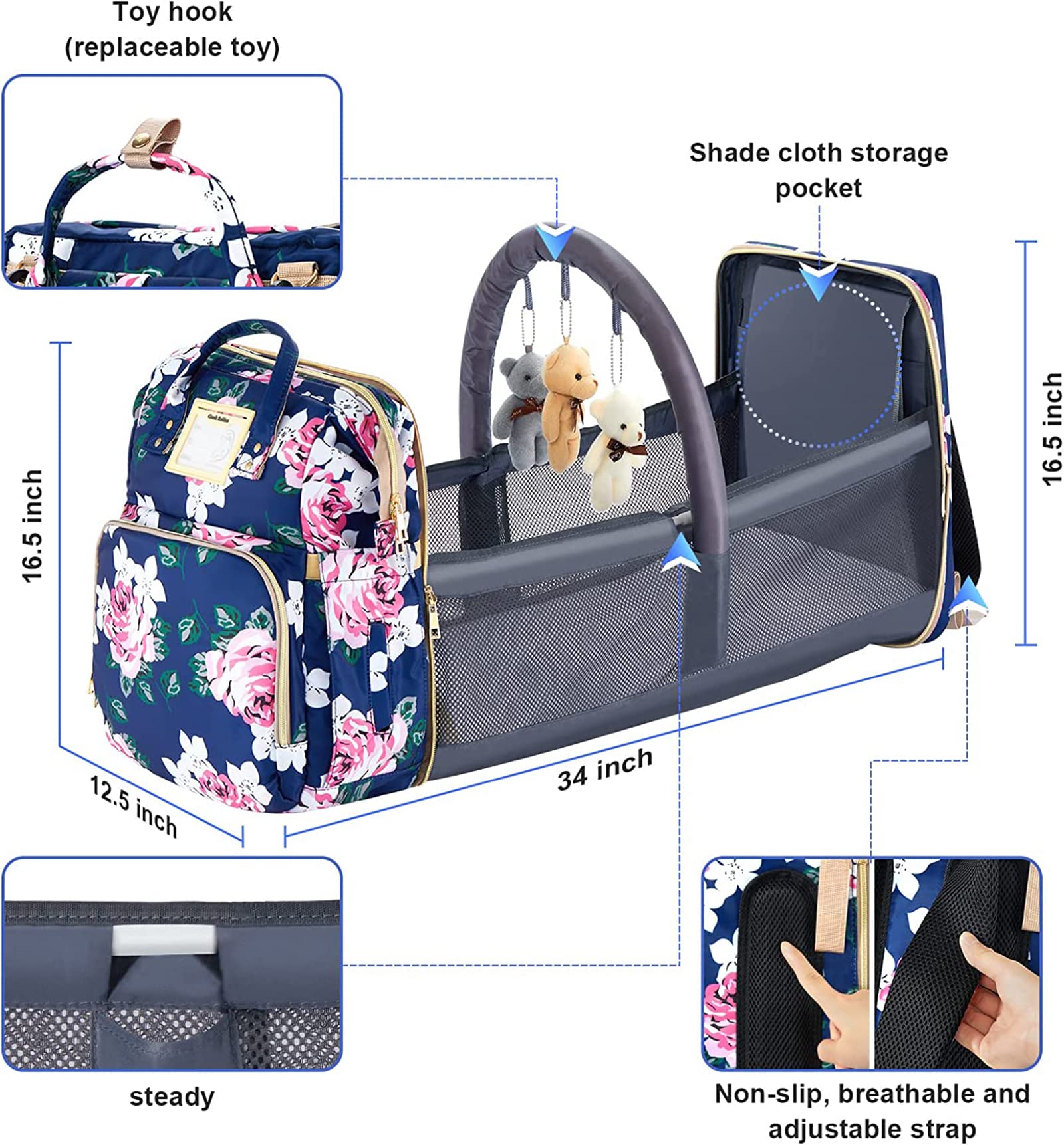 GurZinn diaper bag backpack stroller strap keeps hands free while strolling