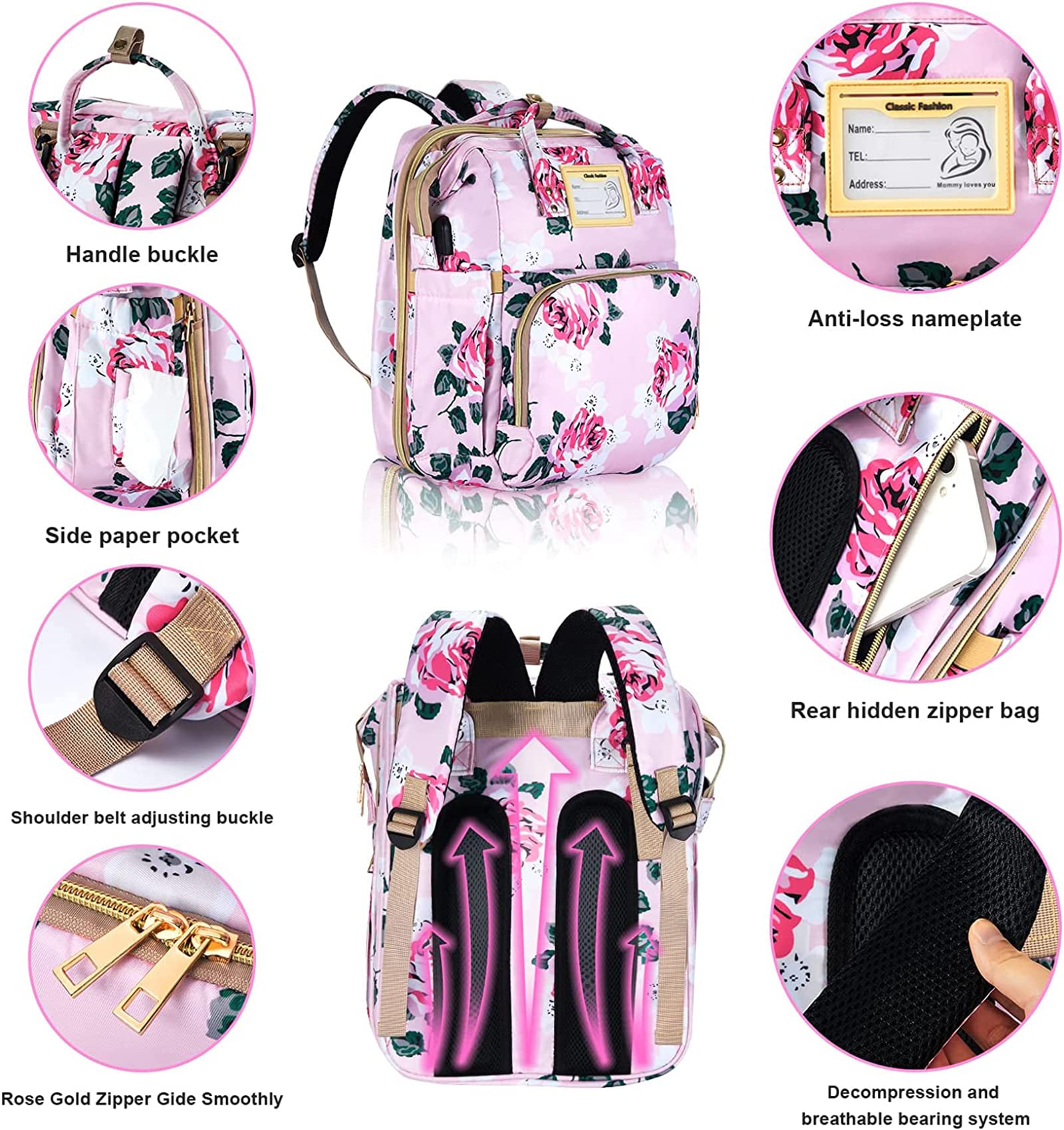 GurZinn diaper bag backpack waterproof 900D Oxford fabric protects contents during travel.