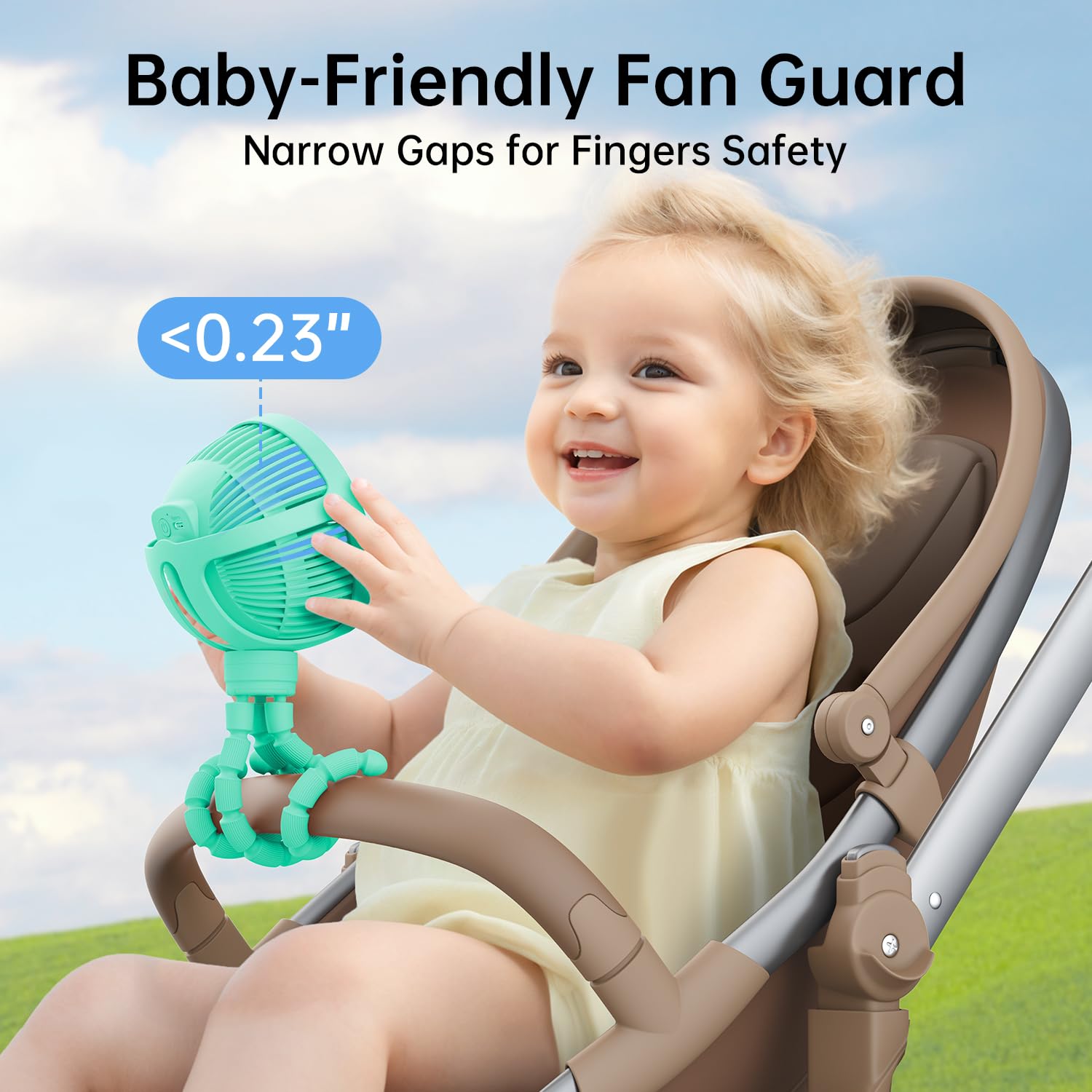 GUSGU flexible tripod on stroller in green enables quick, versatile mounting.