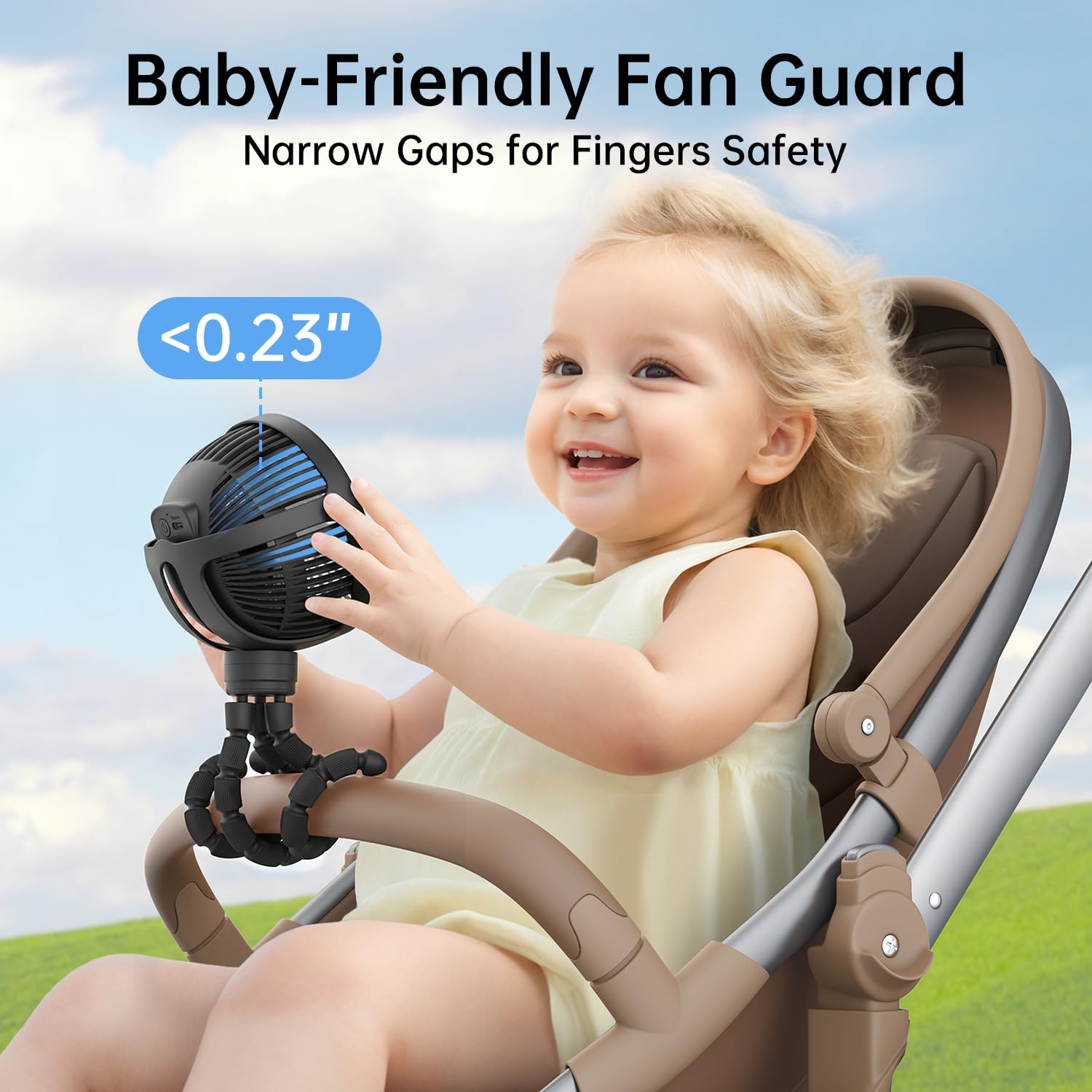 GUSGU rechargeable stroller fan demonstrating long runtime for travel