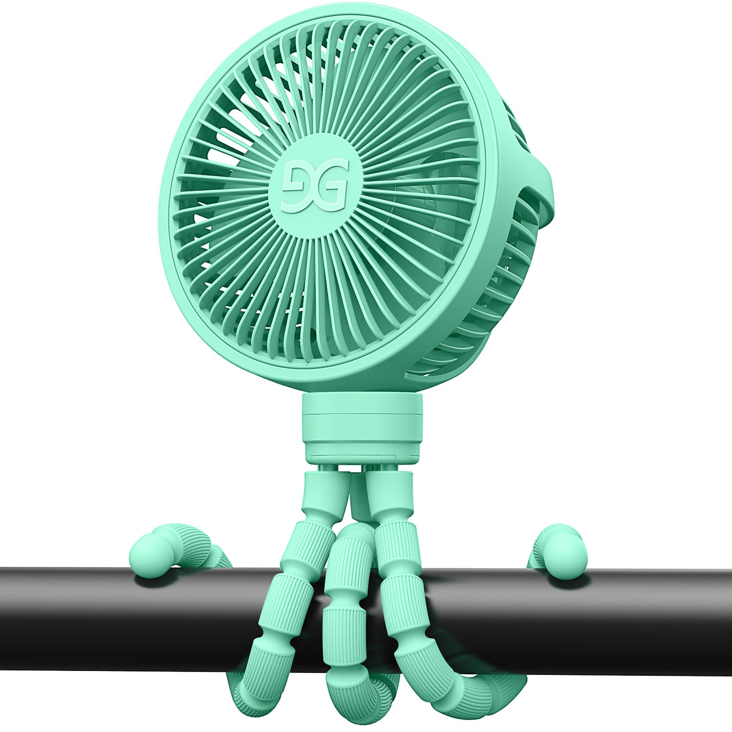 GUSGU stroller fan clip-on in green keeps baby comfortable during walks.