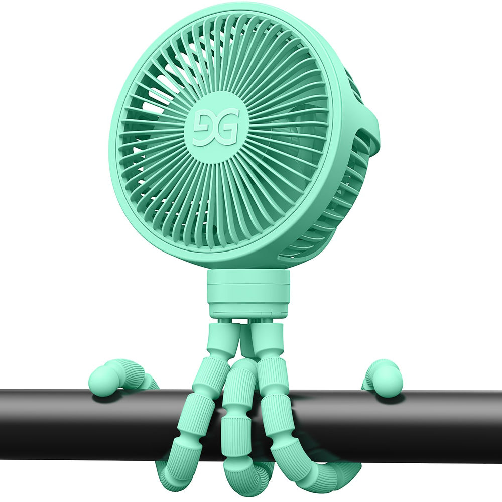 GUSGU stroller fan clip-on in green keeps baby comfortable during walks.