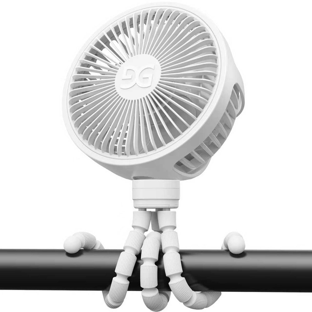 GUSGU stroller fan clipped on front view for portable cooling on walks.