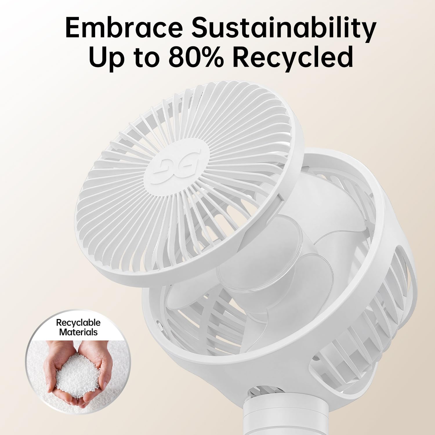 GUSGU stroller fan clipped in car demonstrates convenient travel cooling.