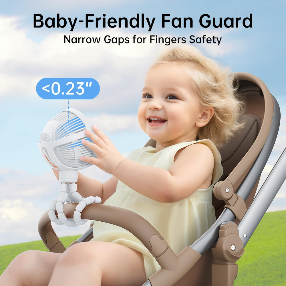 GUSGU stroller fan clip-on mounted on stroller handle for hands-free use.