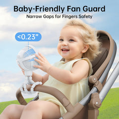 GUSGU stroller fan clip-on mounted on stroller handle for hands-free use.