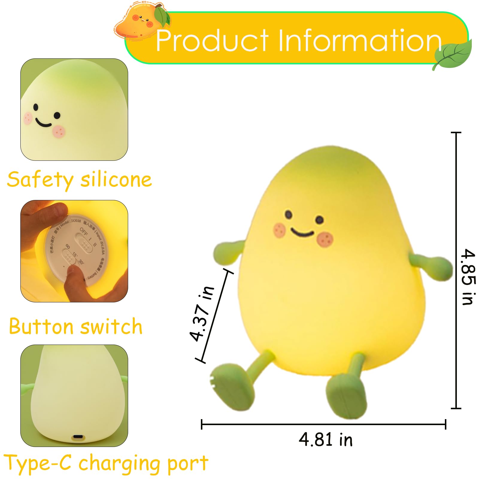 Gusweet Mango Night Light in yellow, top view, compact USB rechargeable lamp for night routines.