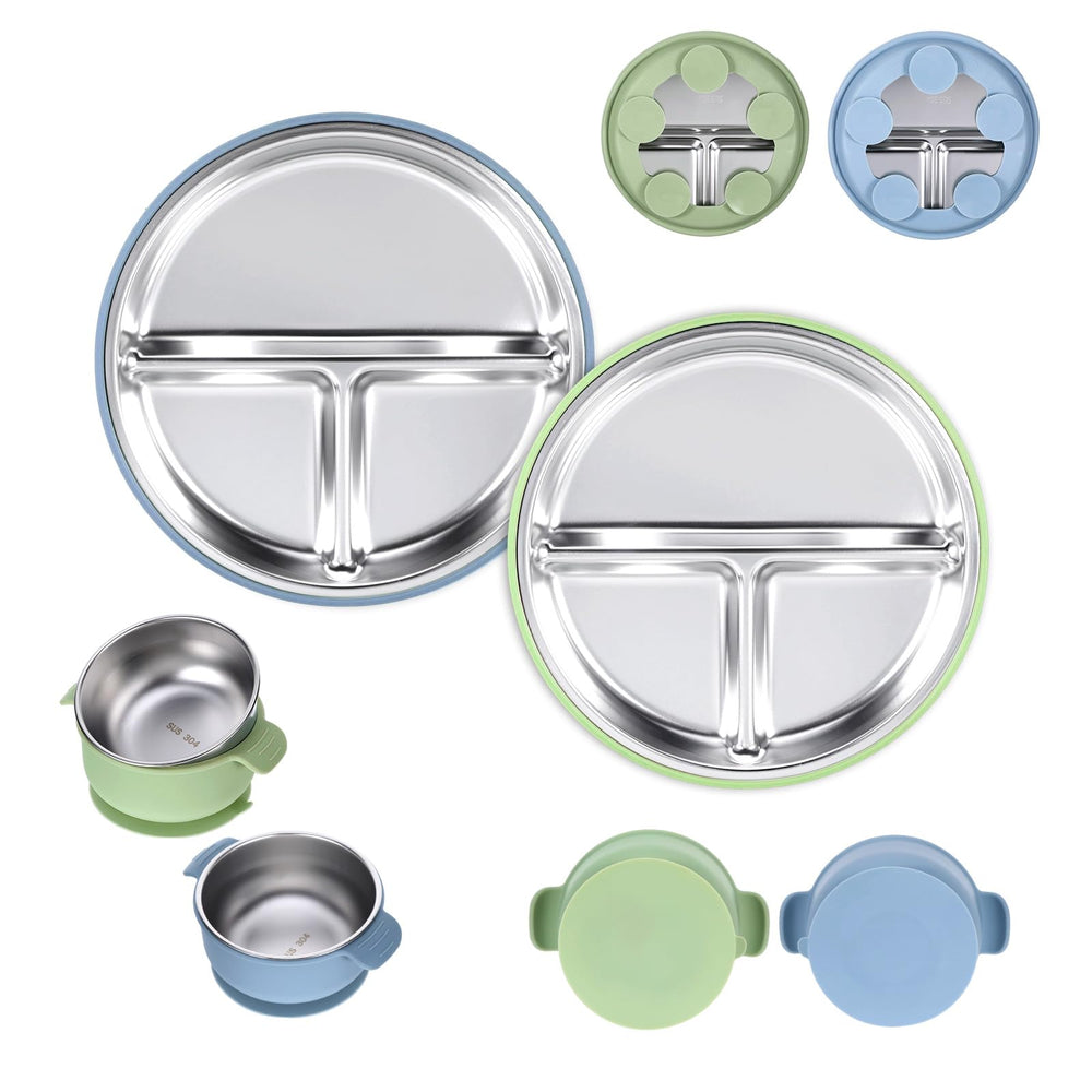 Gweichunon 4-pack stainless steel plates with suction for mess-free mealtimes