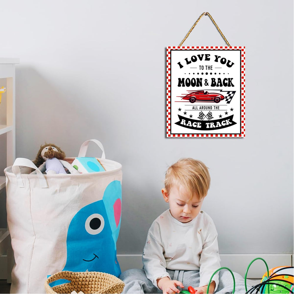 Gwisml hanging race sign adds dynamic character to a child’s room.