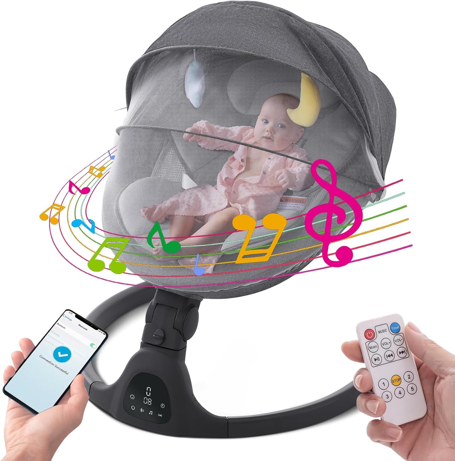 GYARING baby swing in black with infant cradle view, easy setup and compact footprint.