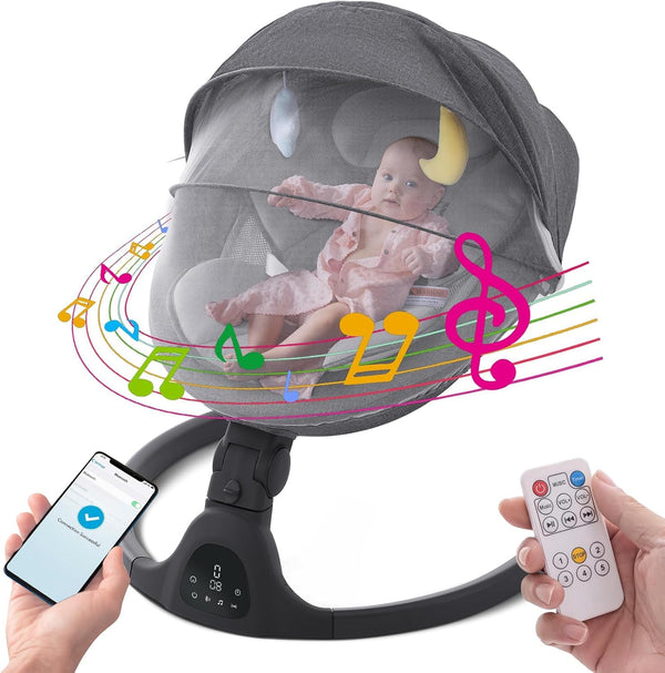 GYARING baby swing in black with infant cradle view, easy setup and compact footprint.