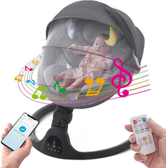 GYARING baby swing in black with infant cradle view, easy setup and compact footprint.