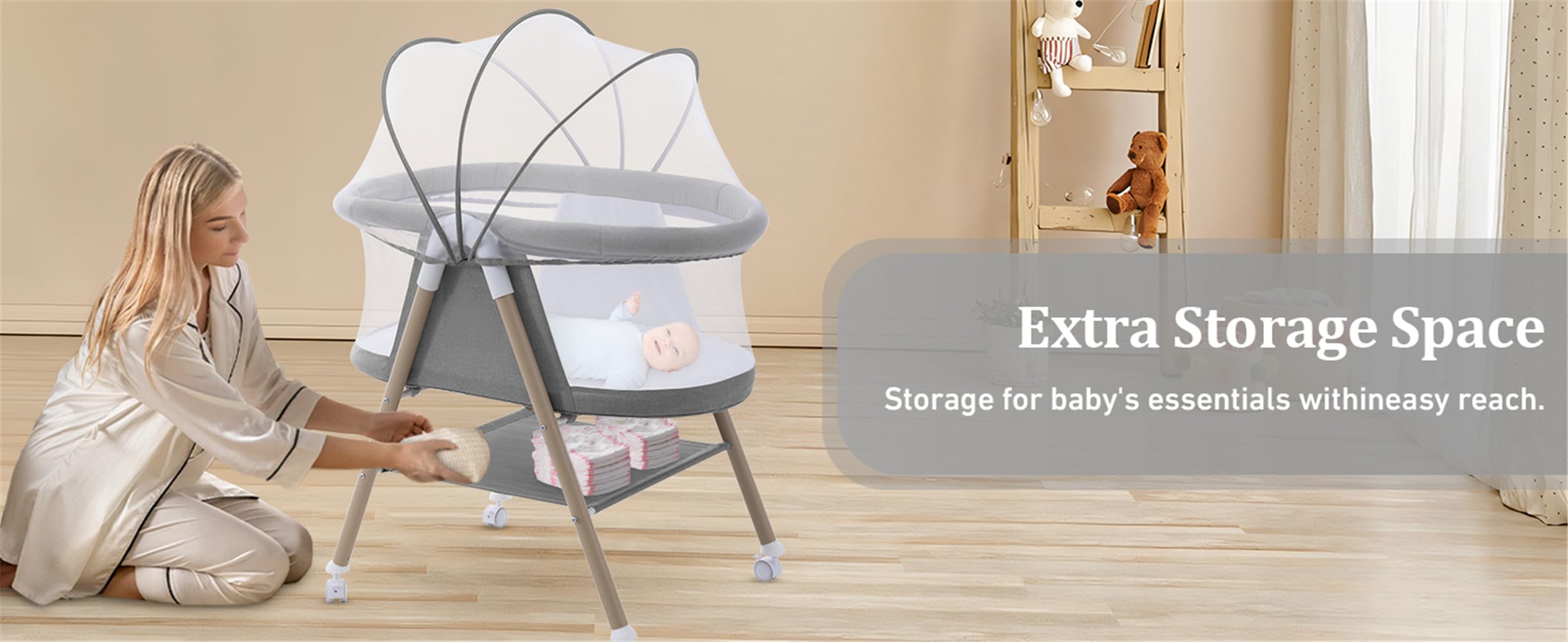 GYARING bassinet features full mesh canopy for breathable, cozy naps