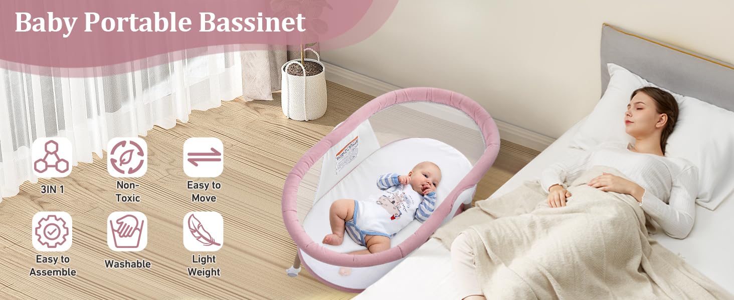 GYARING pink bassinet with mosquito net protects nap time.
