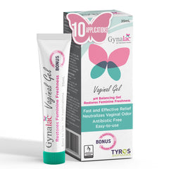 Gynalac bottle displaying pH-balancing gel for daily comfort.