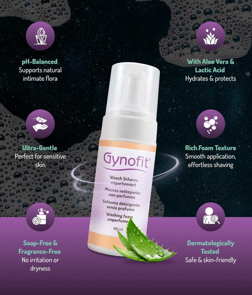 Gynofit wash foam lather used for intimate shaving and skin comfort.