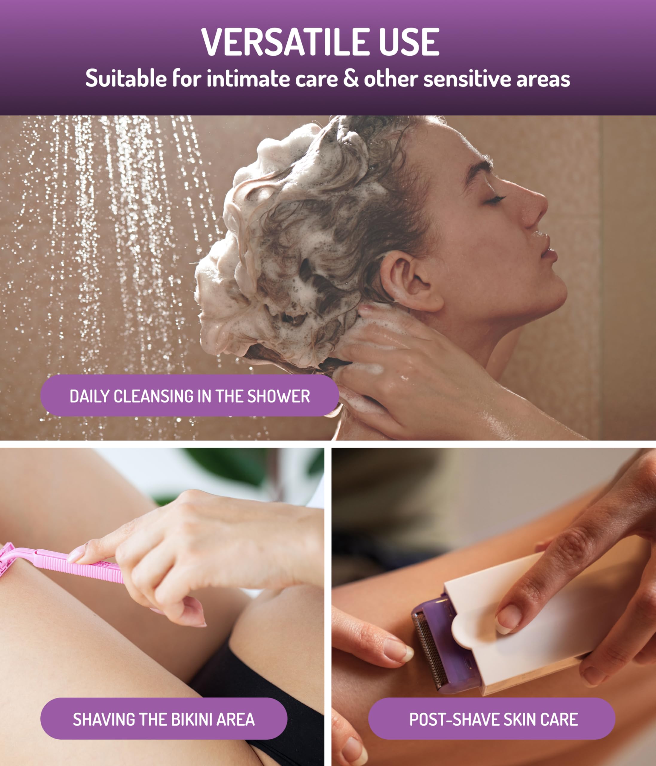 Gynofit Feminine Wash Foam being used for intimate shaving in the shower.