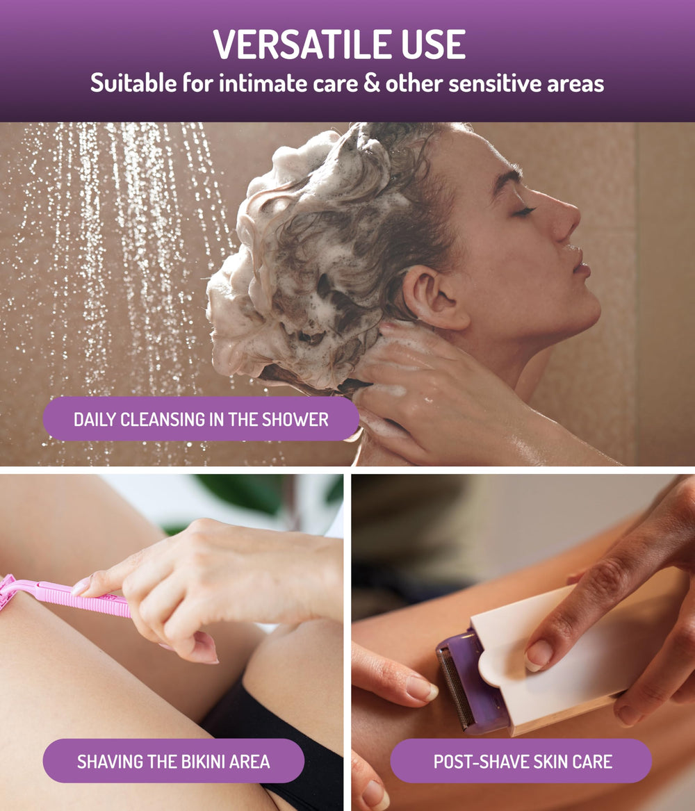 Gynofit Feminine Wash Foam being used for intimate shaving in the shower.