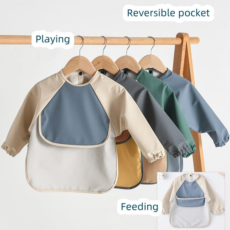 GZMM long-sleeve bib worn by toddler during meals and crafts.