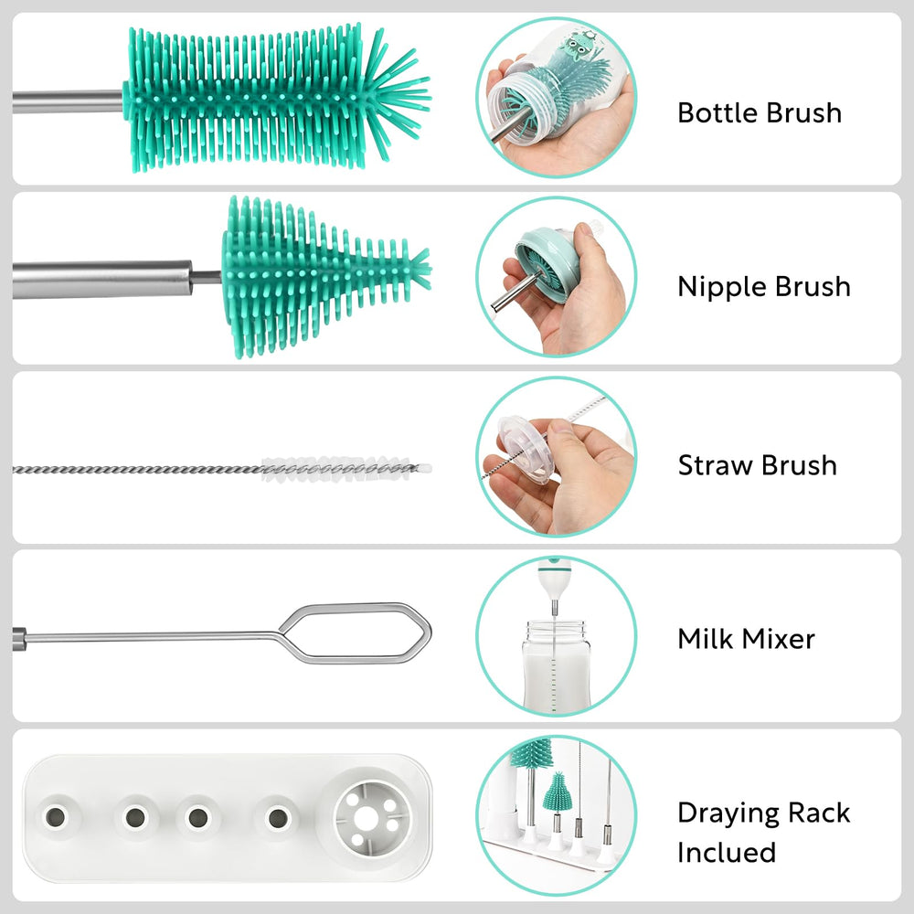 Gzummer silicone bottle brush head provides safe, thorough scrubbing.