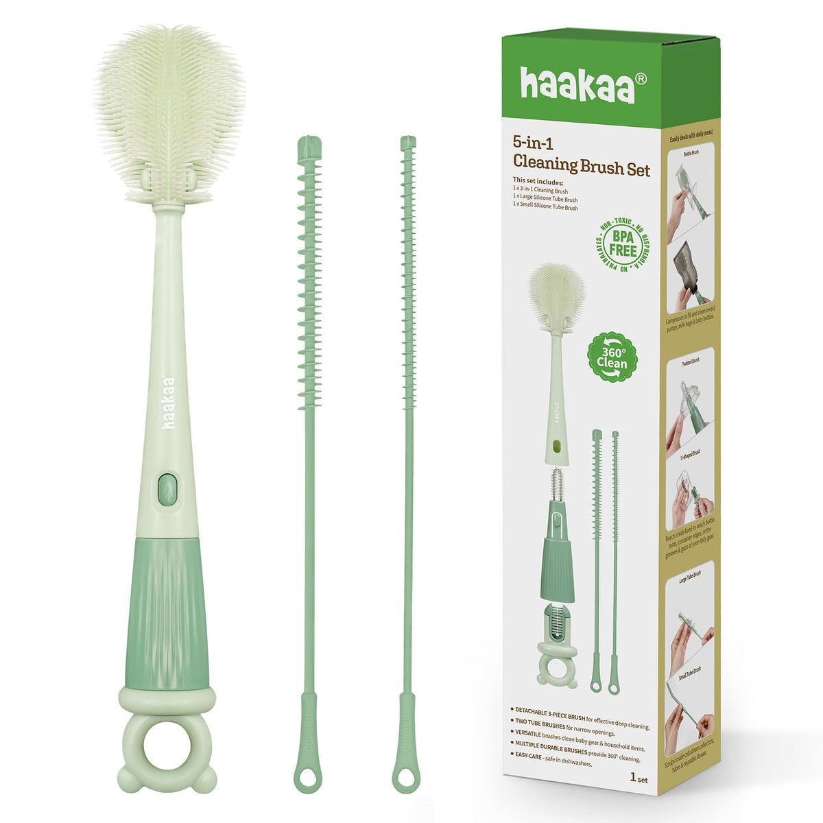Haakaa 5-in-1 bottle brush cleans bottles thoroughly.