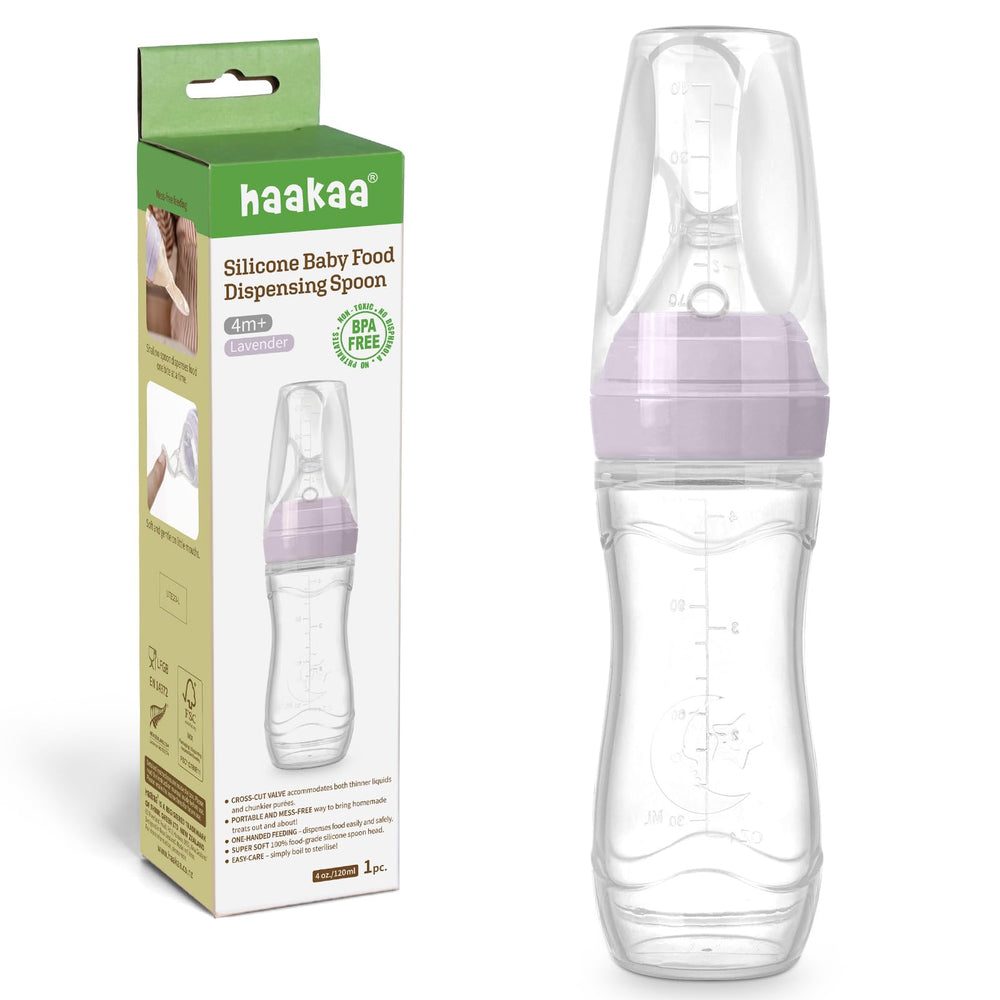Haakaa silicone baby food feeder with 4oz capacity in lavender, mess-free feeding