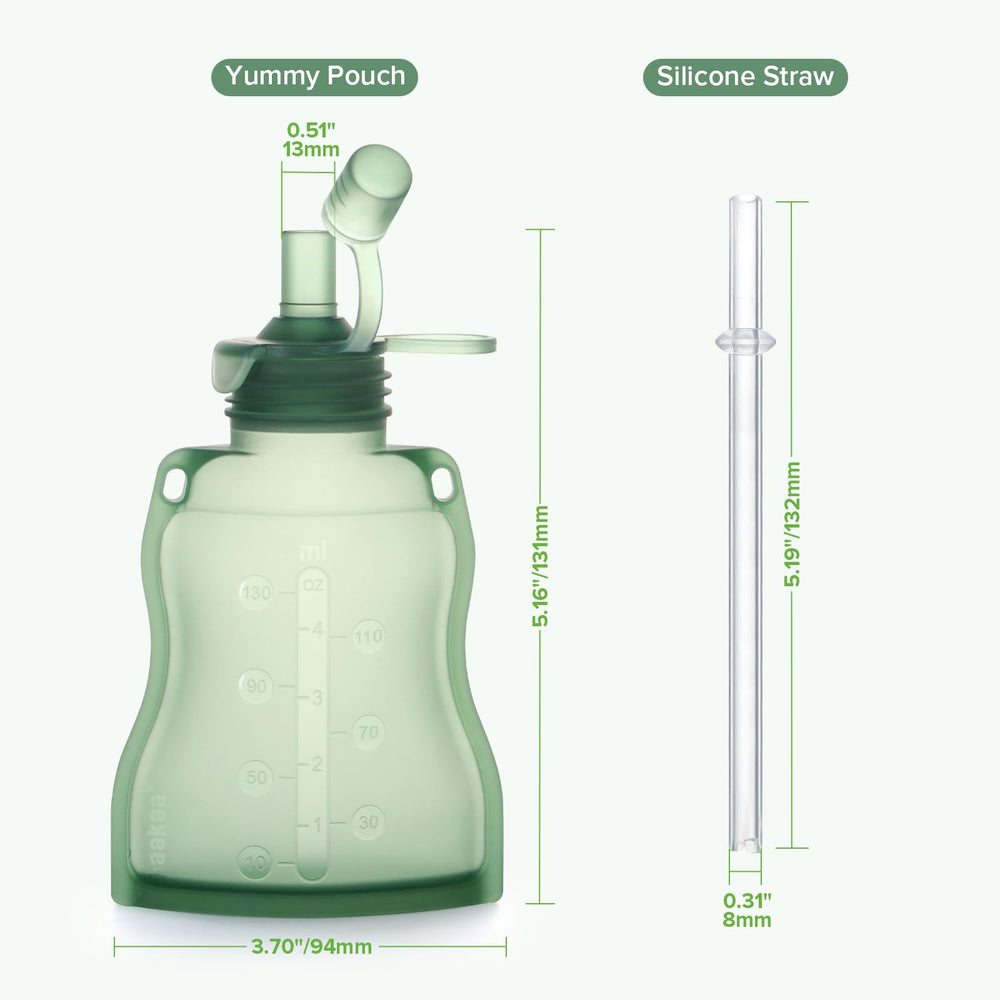 Haakaa reusable pouch in pea green demonstrates eco-friendly, waste-reducing meal options.