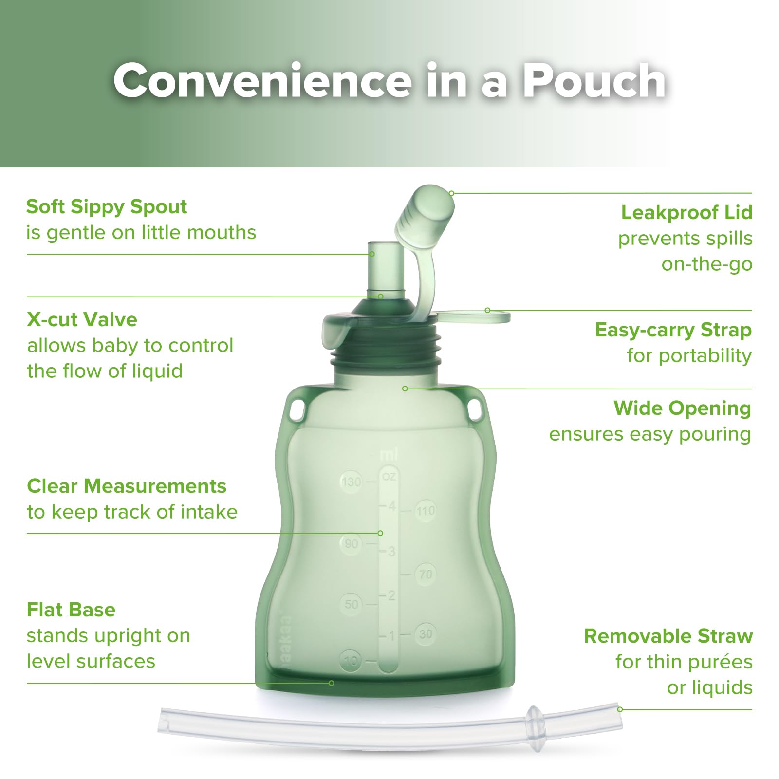Haakaa pouch with stand-up design makes pouring and filling clean and mess-free.