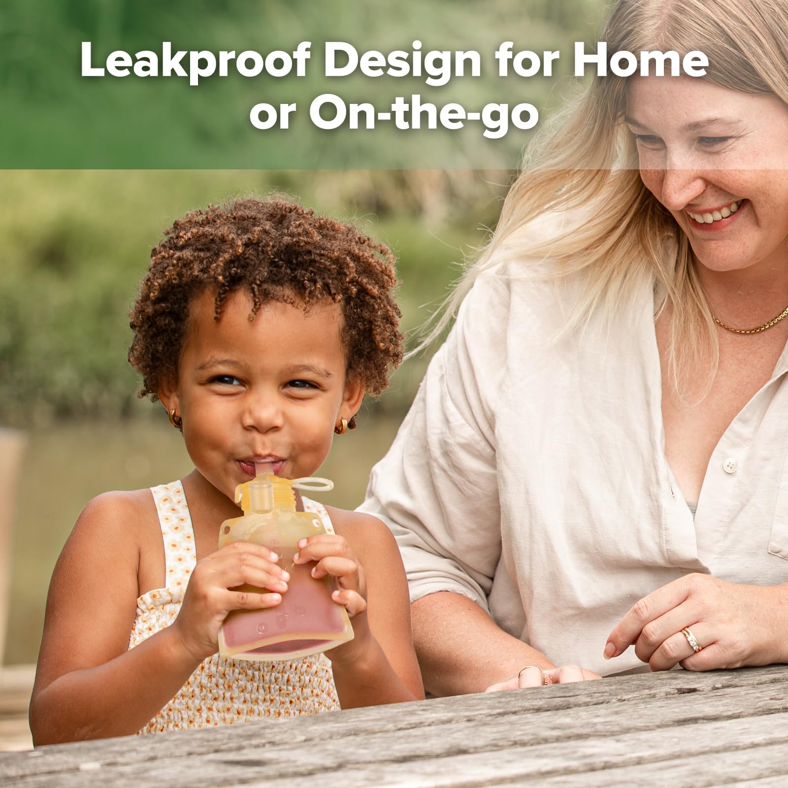 Haakaa Baby Food Pouch with yellow lid and stopper keeps contents secure during travel.