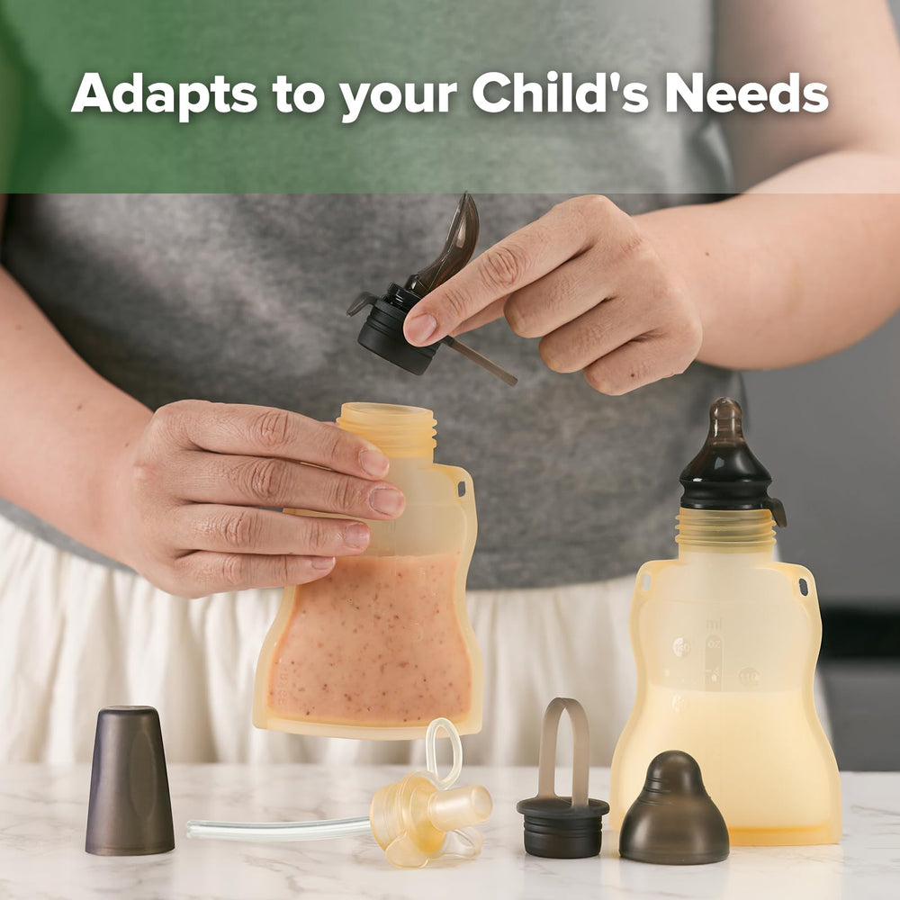 Haakaa Baby Food Pouch standing upright with wide neck for easy filling and pouring.
