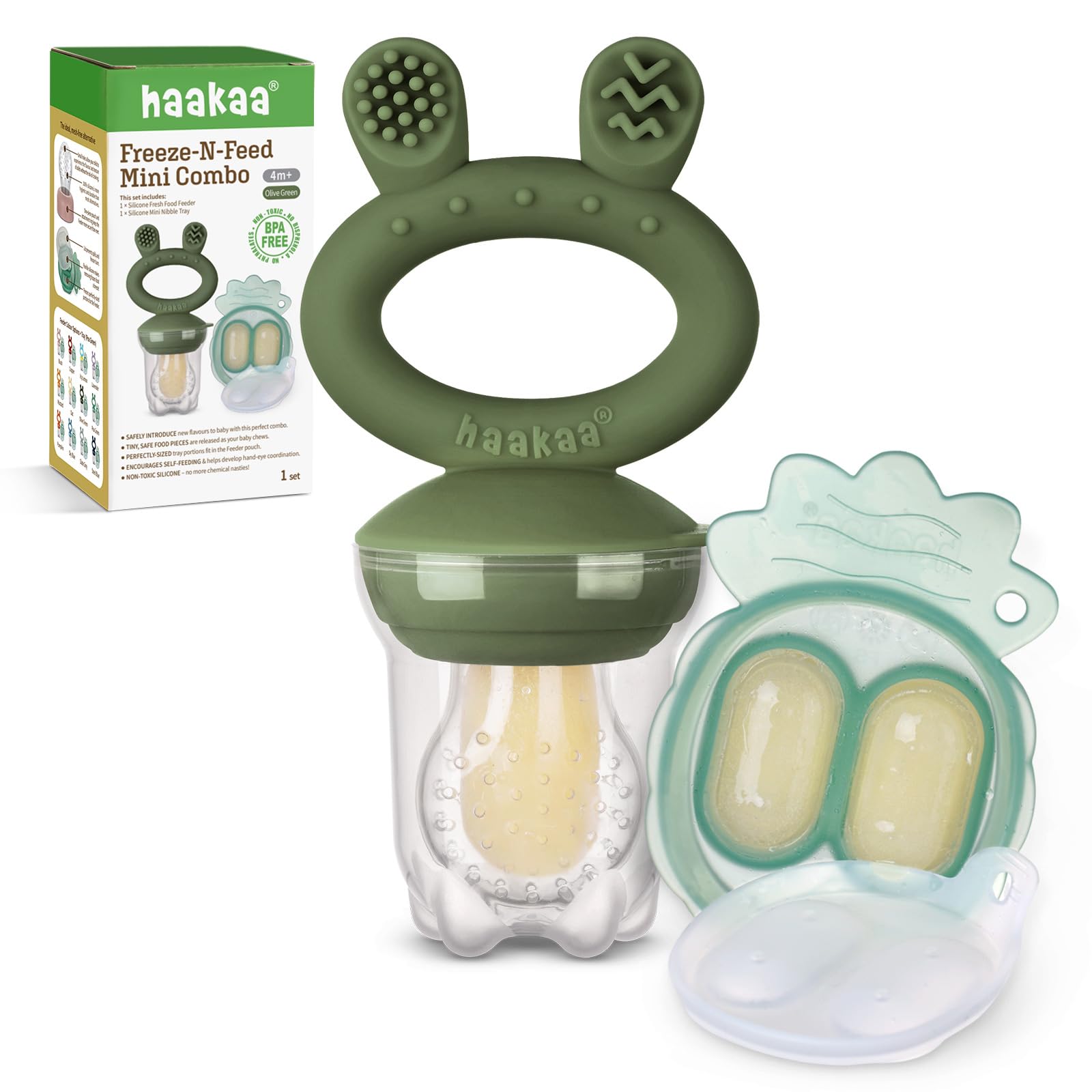 Haakaa baby fruit feeder pouch shows fine-hole mesh for small bites and safety
