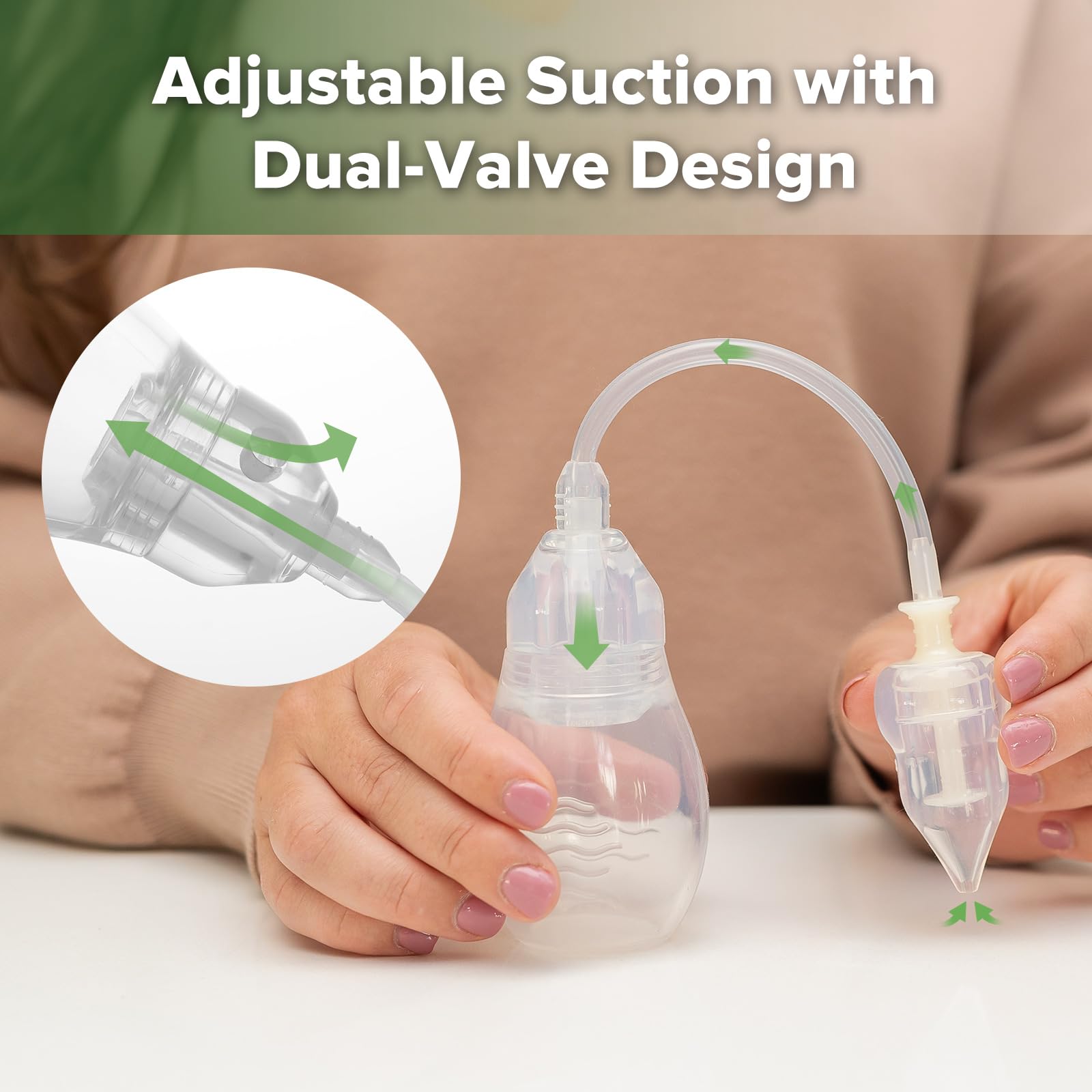 Haakaa bulb syringe for babies provides adjustable, comfortable suction.