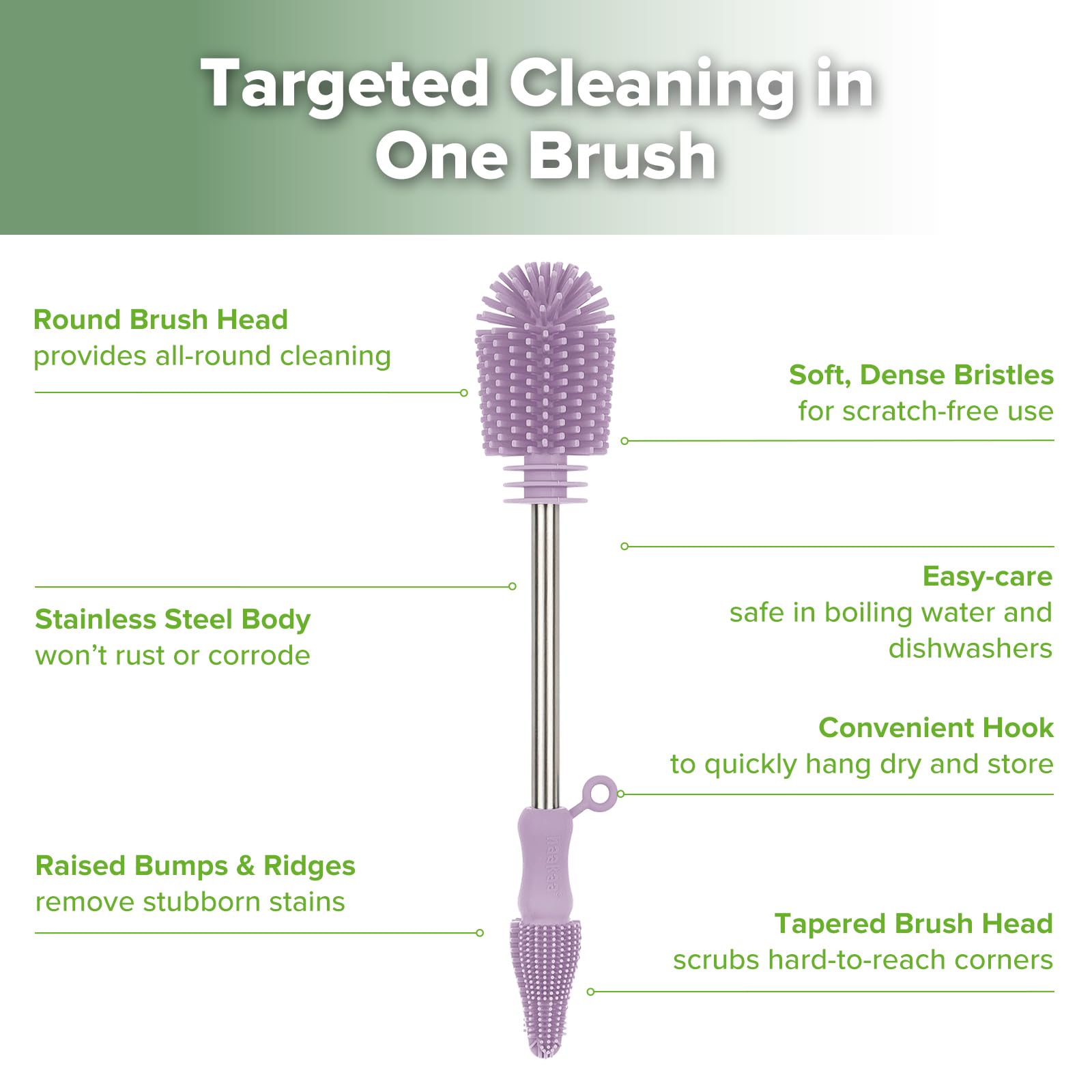 Haakaa bottle-teat cleaning brush shown on teats for detailed cleaning.