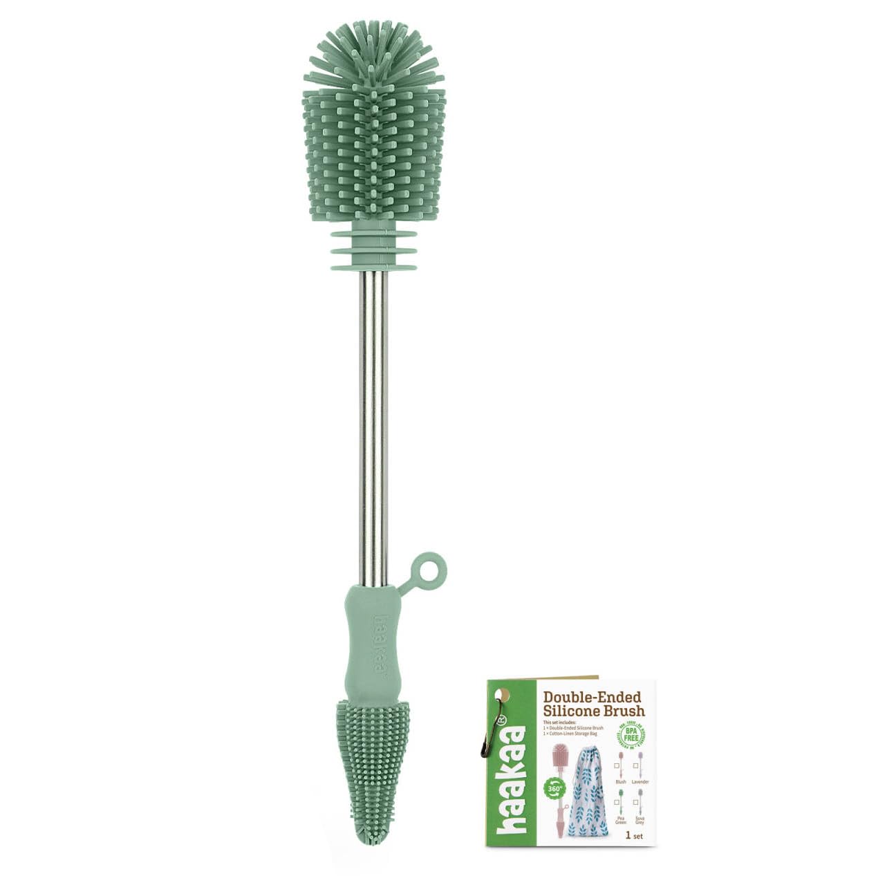 Haakaa cleaning brush double-ended for thorough breast pump and bottle scrubbing.