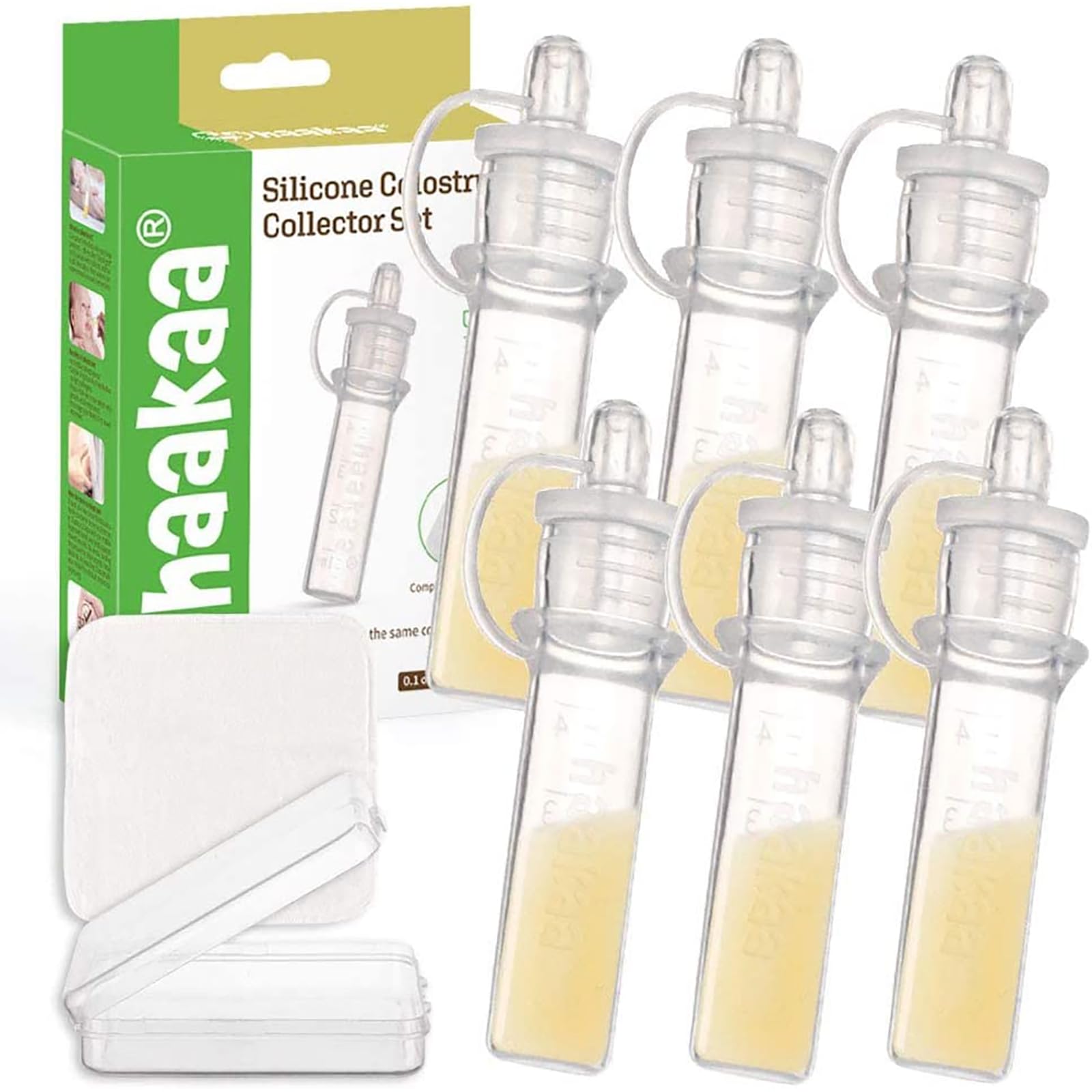 Haakaa colostrum collectors set with six 4ml containers for safe storage.