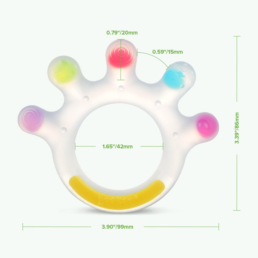 Haakaa Dinky Digits teether offers soft textures for teething sessions.