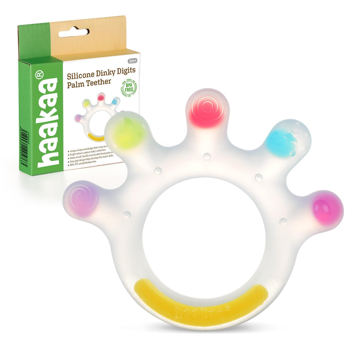 Haakaa Dinky Digits teether front view for gentle gum soothing with varied textures.